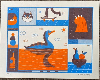 Bird, Water, Cat, Skateboarding, Risograph Print