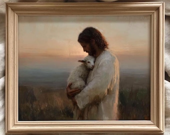 Jesus segurando o Cordeiro - Arte Cristã para Imprimir em Formato Digital