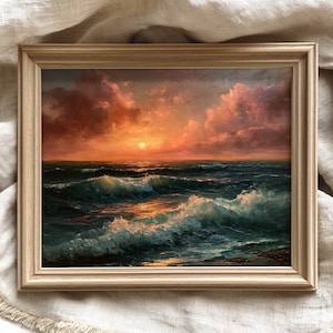 Vintage Ocean Sunset Painting Print | Dramatic Seascape Art Digital Download