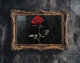 May include: A single red rose with green leaves is painted on a black canvas and framed in a gold ornate frame.