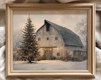 Rustic Winter Barn Christmas Tree Print | Vintage Farmhouse Holiday Wall Art Digital Download