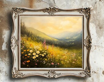 Wildflower Meadow Landscape Print | Cottagecore Mountain Valley Oil Painting Digital Download