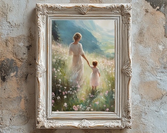 Mother and Daughter Farmhouse Art Print | Cottagecore Country Oil Painting | Digital Download