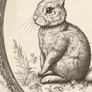 May include: A black and white illustration of a rabbit sitting in a decorative oval frame. The rabbit is looking to the right and has a fluffy tail. The frame is ornate and has a floral design.