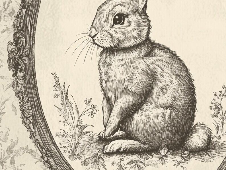 May include: A black and white illustration of a rabbit sitting in a decorative oval frame. The rabbit is looking to the right and has a fluffy tail. The frame is ornate and has a floral design.