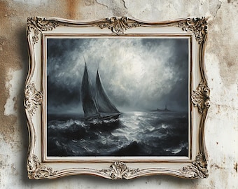 Gothic Sailboat Oil Painting | Dark Stormy Seascape Wall Art | Dark Academia Nautical Decor