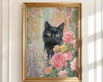 Black Cat Floral Print | Whimsical Cottagecore Animal Art, Pastel Cat Digital Download
