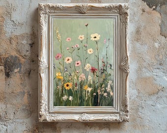 Lámina de pintura al óleo de flores silvestres / Arte mural botánico estilo cottagecore en verde salvia / Descarga digital