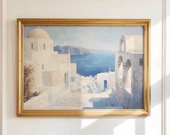 Santorini Oil Painting Print | Greek Island Mediterranean Wall Art | Travel Decor Digital Download