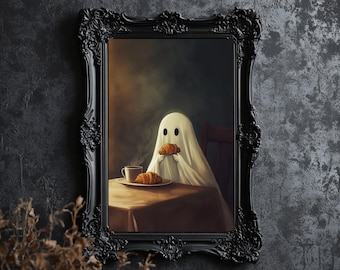 Whimsical Ghost Art Print: Croissants and Coffee (Digital Download)