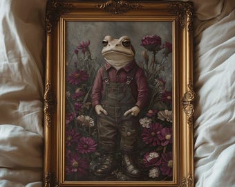 Whimsical Frog in Overalls Art Print: Dark Academia Animal Portrait (Digital Download)