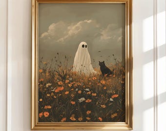 Ghost Wildflowers Wall Art, Dark Academia Prints, Cottagecore Goth Home Decor Halloween, Cute Ghost Black Cat, Digital Download
