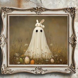 Puede incluir: Un fantasma blanco con un conejo blanco sentado en su cabeza, de pie en un campo de flores silvestres con huevos de Pascua coloridos esparcidos a su alrededor. El fantasma está representado en una pintura de estilo vintage enmarcada en un marco blanco adornado.