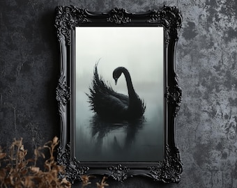 Gothic Black Swan Art Print: Moody Lake, Dark Elegance (Digital Download)