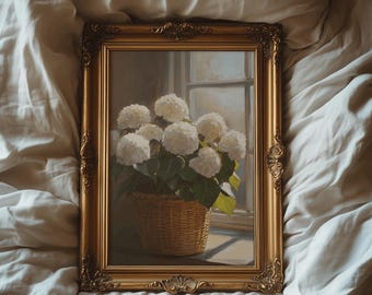 White Hydrangea Basket Still Life Print | Cottagecore Farmhouse Wall Art | Digital Download