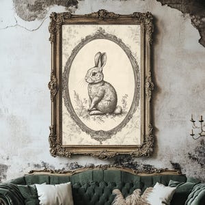 May include: A vintage-style framed print of a black and white illustration of a rabbit sitting in a field of flowers. The frame is ornate and gold in color.