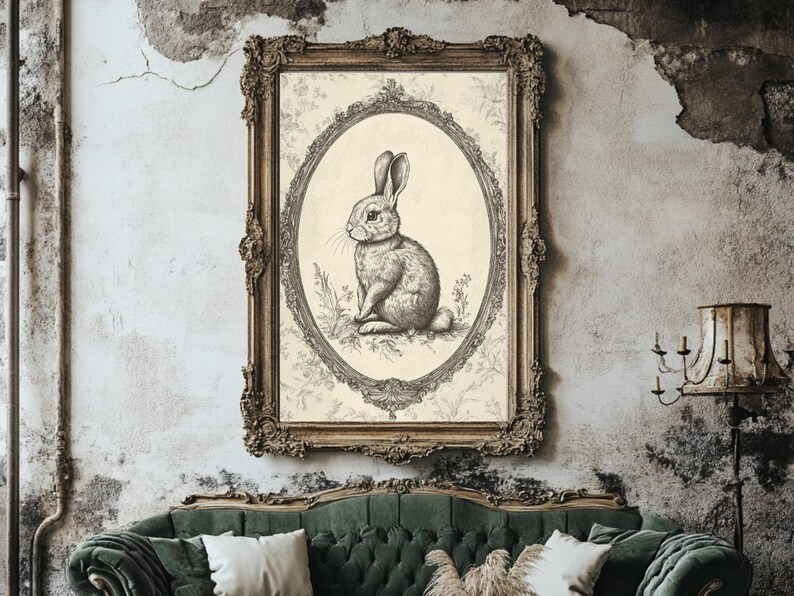 May include: A vintage-style framed print of a black and white illustration of a rabbit sitting in a field of flowers. The frame is ornate and gold in color.