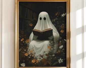 May include: A white ghost wearing a sheet sits in a garden reading a book. The ghost has two black eyes. The garden is filled with flowers and plants. The background is dark and blurry.