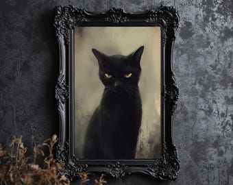 Gothic Black Cat Portrait: Vintage Moody Art Print (Digital Download)