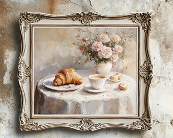 French Breakfast Still Life Print | Croissant, Coffee, Roses, Parisian Kitchen Wall Art Digital Download