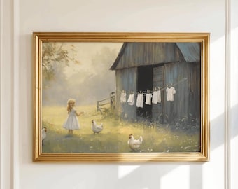 Girl Feeding Chickens Farmhouse Print | Vintage Cottagecore Rural Art | Kitchen Nursery Download