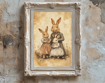 Vintage Bunny Family Art Print | Cottagecore Victorian Nursery Decor | Digital Download