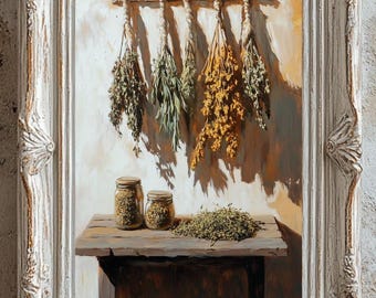Vintage Dried Herbs Kitchen Art Print | Cottagecore Apothecary Wall Decor Digital Download