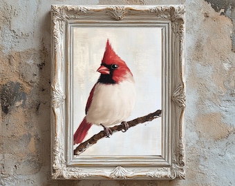 Red Cardinal Oil Painting Print | Vintage Bird Art | Rustic Cottagecore Wall Decor Download