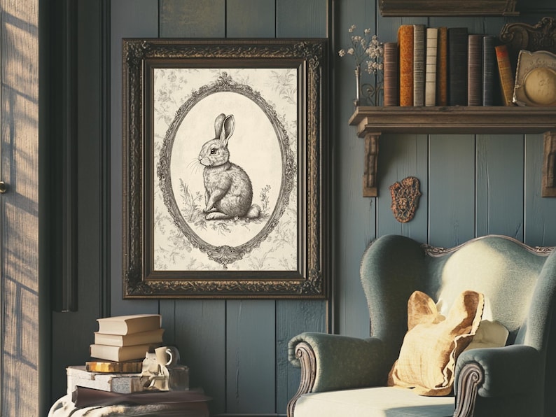May include: A vintage-style framed print of a black and white illustration of a rabbit sitting in a decorative oval frame. The frame is ornate and has a dark brown finish. The print is on a cream-colored background.