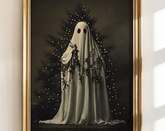 Christmas Ghost Printable Wall Art, Spooky Christmas, Ghost Christmas Tree, Christmas Lights, Goth Christmas Decor, Digital Download