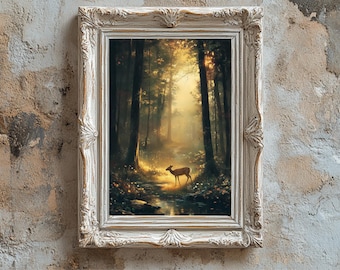 Enchanted Forest Deer Wall Art | Vintage Woodland Cottagecore Print | Nature Decor Download