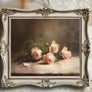 Pintura a óleo de rosas cor-de-rosa rústicas para impressão, arte de parede de primavera Cottagecore, decoração floral romântica vintage para casas de fazenda, download digital