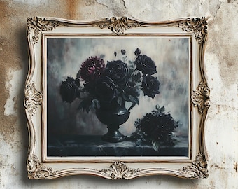 Stampa artistica di natura morta floreale gotica / Rose nere scure, decorazione murale vittoriana, download digitale