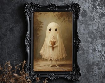 Whimsical Ghost Ice Cream Cone Art Print: Quirky Vintage Illustration (Digital Download)