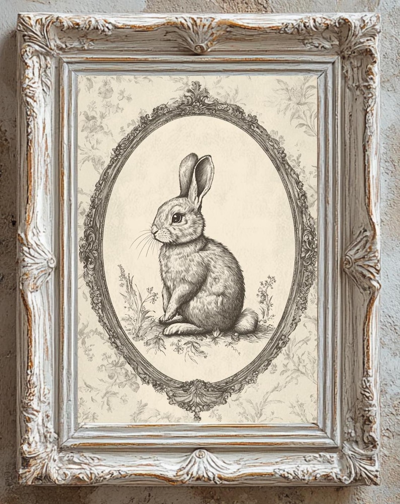 May include: A black and white illustration of a rabbit in a decorative oval frame. The rabbit is sitting on a grassy patch with flowers. The background is a cream-colored floral pattern.