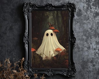 Cottagecore Geist Pilz Kunstdruck | Skurrile Halloween-Wand-Dekor | Digitaler Download