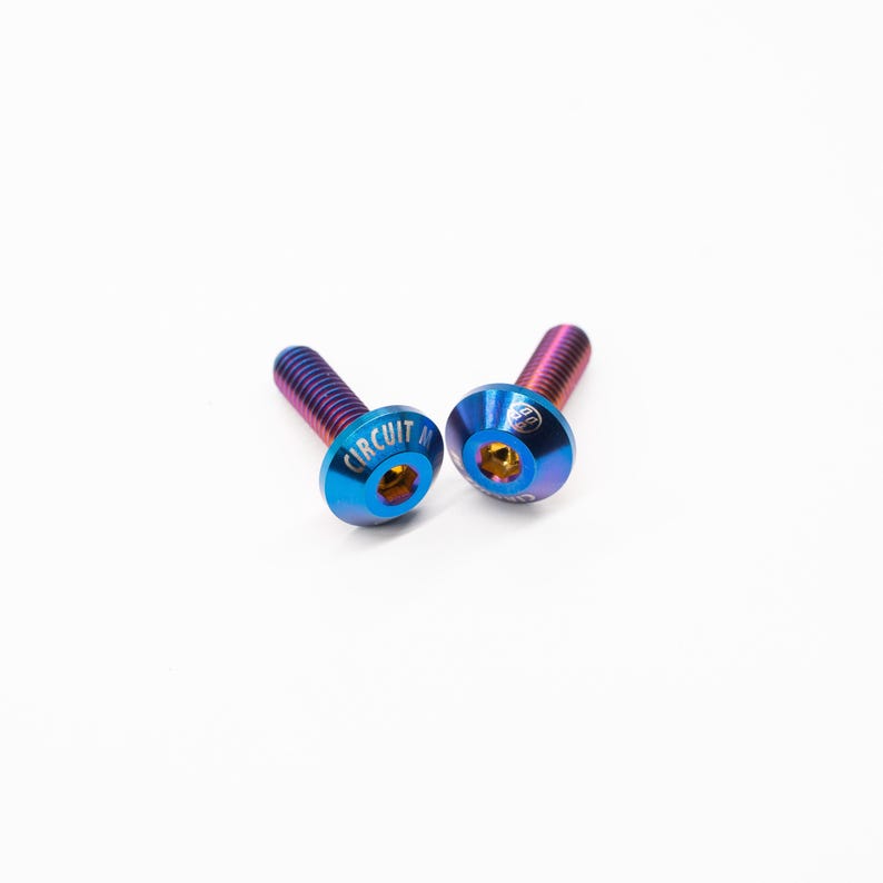 May include: Two iridescent blue and purple screws with a gold colored head. The screw on the left has the word "CIRCUIT" engraved on the head.
