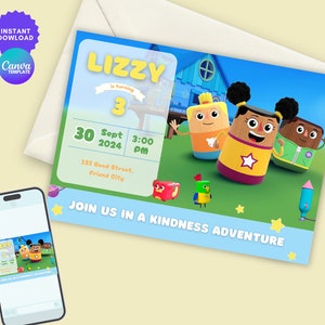 以下が含まれることがあります： 「Lizzy」の名前と数字「3」が特徴のカラフルな誕生日招待状。招待状には、パーティーの日時と場所、漫画のキャラクター、そして「優しさの冒険に参加しましょう」というテキストが含まれています。携帯電話には招待状が表示されています。