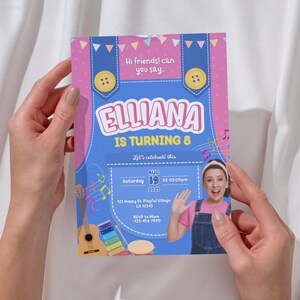 May include: A birthday party invitation with a blue overall design and the name "Elliana" in large letters. The invitation includes the text "IS TURNING 8" and event details. A photo of a girl is on the right side of the invitation.