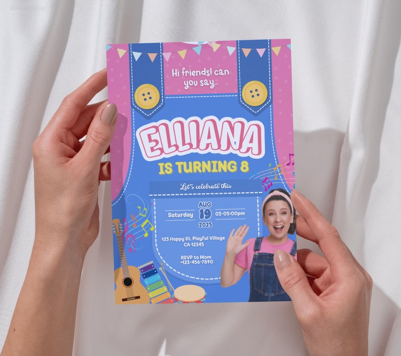 May include: A birthday party invitation with a blue overall design and the name "Elliana" in large letters. The invitation includes the text "IS TURNING 8" and event details. A photo of a girl is on the right side of the invitation.
