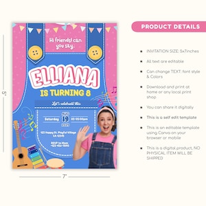 May include: A digital birthday invitation with a denim overall design, featuring the name "Elliana" and the text "is turning 8". The invitation includes musical notes, a guitar, and a xylophone. The invitation is 5 inches by 7 inches.