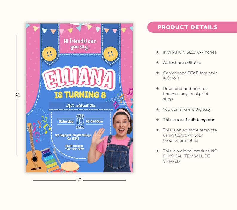 May include: A digital birthday invitation with a denim overall design, featuring the name "Elliana" and the text "is turning 8". The invitation includes musical notes, a guitar, and a xylophone. The invitation is 5 inches by 7 inches.