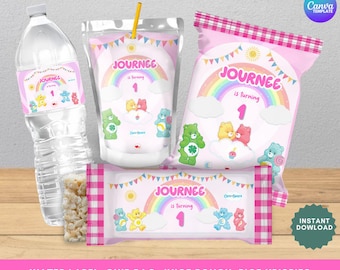 Care Bear Editable Party Bundle Supplies Template,Care Pink Cutegirl  Party Theme,Chip Bag, Water Bottle Label, Juice Pouch, Rice krispies,