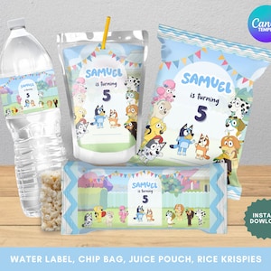 Blauwe hond bewerkbare sjabloon partijbundel, thema feest thema schattige babyjongen, zak chips, waterflesetiket, sapzakje, rijstkrispies, verjaardag