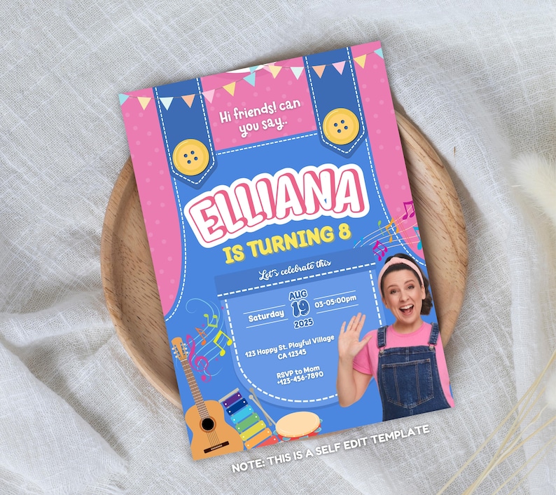 May include: A colorful birthday invitation with a pink and blue design. The invitation features the name "Elliana" and the text "IS TURNING 8". It includes musical notes, a guitar, and a person waving. The text "NOTE: THIS IS A SELF EDIT TEMPLATE" is at the bottom.