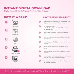 May include: Pink digital download graphic with instructions for purchasing, downloading, editing, and printing a digital product. Text includes "Instant Digital Download" and "How it Works?" with numbered steps and icons. The image also includes the text "How to Download & Edit?"