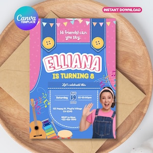 Op de afbeelding: Een uitnodiging voor een verjaardagsfeestje met een ontwerp van een spijkerbroek. De uitnodiging bevat de naam "Elliana" en de tekst "IS TURNING 8". Bevat evenementdetails en een foto van een lachende persoon.