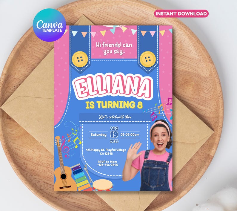 May include: A birthday party invitation with a denim overall design. The invitation features the name "Elliana" and the text "IS TURNING 8". Includes event details and a photo of a smiling person.