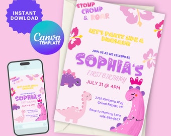 Puede incluir: Una invitación de fiesta de primer cumpleaños con temática de dinosaurios rosa y morado con el texto "Let's party like a dinosaur" y "Sophia's First Birthday" con una fecha y hora del 31 de julio a las 4 PM. La invitación también incluye la dirección 2769 Kimberly Way, Grand Rapids, MI y la información de RSVP a Mommy Lara al +616-886-6657.