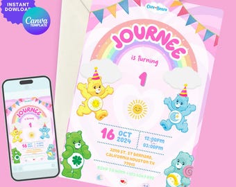 Care Bear Birthday invitation, Care birthday invitation,Birthday Party Printable, Pink Invite ,Girl Bear Party